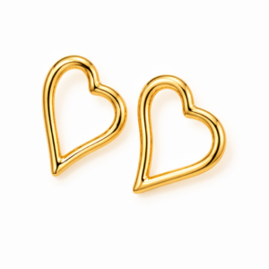 A pair of Love - BØLD Earrings in gold, displayed on a white background, each with a sleek, smooth, and slightly asymmetrical open heart-shaped design. Gate21.ee