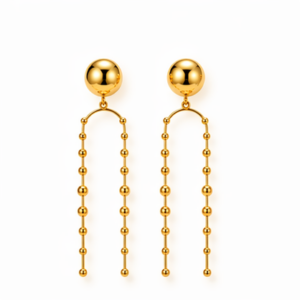 The Nalani - BØLD Earrings feature a round stud and two vertical chains of small gold beads suspended from a curved bar, all set against a plain white background. Gate21.ee