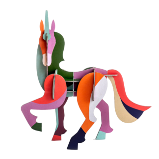 The Giant Unicorn is a vibrant, abstract sculpture made of interlocking paper or cardboard pieces—an eye-catching display piece, perfect for gift shops or anyone looking for a unique and colourful decor idea. Gate21.ee
