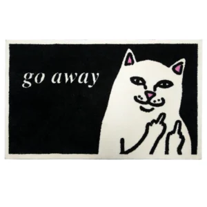 The Go Away Rug is a rectangular black doormat featuring RIPnDIP’s white cat with pink ears and nose, raising its middle fingers. “Go away” appears in white on the left side—perfect for fans of Lord Alienl or RIPnDIP beanies. Gate21.ee