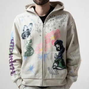 A person wears the Goosebumps Zip Hoodie - Bone featuring colourful graffiti-style flowers, panda, mushrooms, and "MUST BE NICE" text, paired with the bold RIPnDIP Skelly Nerm Smokes Tee Black for a standout RipnDip-inspired look. Gate21.ee
