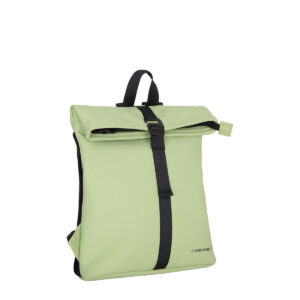 The Los Angeles Backpack - Matt Green is a small, light green New Rebels bag with a black vertical strap and buckle, top handle, mesh side panels, and a small bottom right logo. Gate21.ee