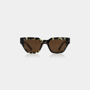 A pair of rectangular KAWS sunglasses by A. Kjærbede with thick, grey transparent frames and brown lenses, displayed on a white background. Gate21.ee