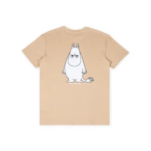 The Moomin Ts - Moomintroll Temper is a beige short-sleeve T-shirt with a large print of the white Moomintroll character, featuring a tail and neutral expression, on the back. Gate21.ee