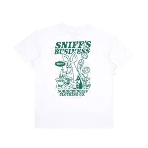 The Moomin Ts - Sniff´s Business is a white T-shirt with green "SNIFFS BUSINESS" and "NORDICBUDDIES CLOTHING CO." above a floral kangaroo print on the back—a standout pick for fans of unique Moomin T-shirts. Gate21.ee