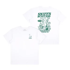 The Moomin Ts - Sniff´s Business is a white T-shirt with a small green chest graphic and a large green illustration on the back featuring the text “SNIFF’S BUSINESS” and “NORDICBUDDIES CLOTHING CO.”. Gate21.ee