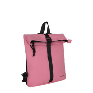 The Los Angeles Backpack - Cotton Candy by New Rebels is a small, slim pink bag with a rectangular shape, black strap and buckle fastening, top handle, and adjustable shoulder strap. Its minimalistic design makes it stylish and practical. Gate21.ee