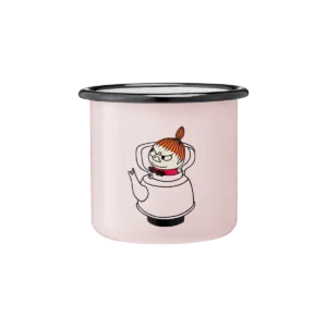 The Little MY - Moomin enamel mug 3.7dl, pink, features a cartoon character with an orange topknot in a teapot costume and has a black rim. Gate21.ee