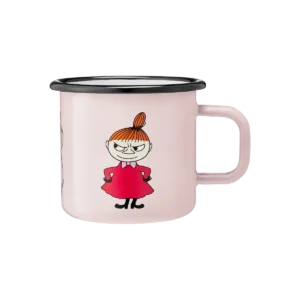 The Little MY - Moomin enamel mug 3.7dl in pink is a light pink metal mug with a black rim, featuring Little My—a character with orange hair in a bun, red dress, and black shoes—standing hands on hips with a mischievous expression. Gate21.ee