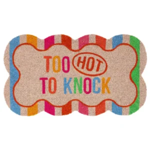 The "Too hot to knock" doormat features a multicoloured striped dog bone border and the phrase TOO HOT TO KNOCK, with HOT in red inside an oval—a fun entryway accent for summer days when you reach for your handheld fan. Gate21.ee