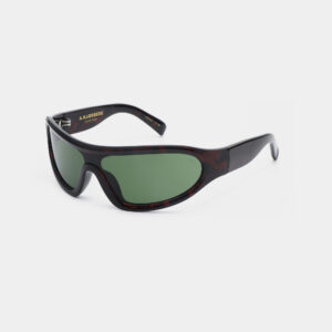 The Devon - Demi Tortoise sunglasses feature green lenses and a dark, glossy tortoiseshell-style plastic frame. "A. Kjærbede" is printed in gold on the inside of the left arm. Displayed against a plain white background. Gate21.ee