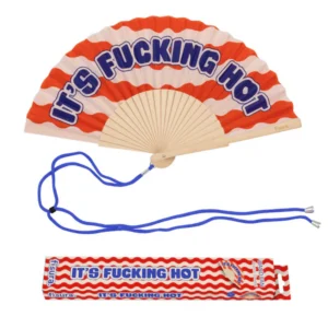 Beat the heat with the "It's bloody hot!" fan – Red waves edition, featuring bold blue text and red, white, and orange wavy stripes. Includes a matching case with the same colours and message. Perfect for hot summer days!. Gate21.ee