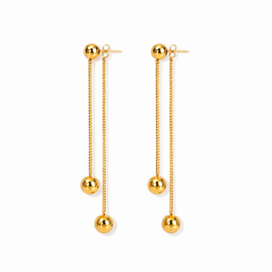 The Halo - BØLD Earrings - Gold (Copy) feature two sleek chains per earring, each adorned with a small gold sphere at the top and a larger gold sphere at the end for a modern, symmetrical look. Gate21.ee