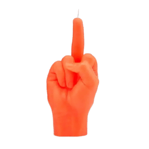 The F*ck You Candle - Neon Orange is a bold candle shaped like a realistic hand with the middle finger raised—perfect for adding attitude to your space or as a striking Tallinn gift shop find. Gate21.ee