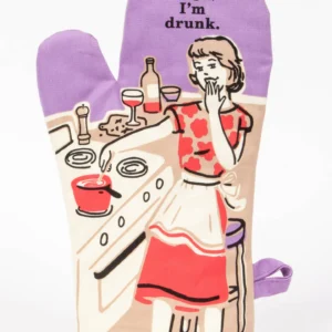 The Always Time for You - Oven Glove features a cartoon woman in a red dress and apron stirring a pot, playfully covering her mouth, with the text “Oops, I’m drunk.” Add humour to your kitchen with this fun oven glove!. Gate21.ee