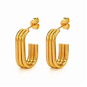 Halo - BØLD Earrings - Gold (Copy): A pair of gold hoop earrings with a triple-ridged design, shown upright on a white background. Each features a post and butterfly fastening for secure fitting. Gate21.ee