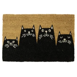 The "Crazy Cat Lady" doormat features a natural brown backdrop with four black cartoon cats, each with white whiskers and eyes, side by side—making it the perfect entryway accessory for cat lovers. Gate21.ee