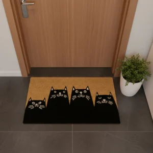 A "Crazy Cat Lady" doormat featuring four illustrated black cats sits in front of a wooden door. A potted green plant is on the right, whilst a handheld fan nearby offers quick relief from summer heat. Gate21.ee