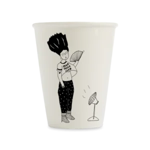 The Menopause club cup by Helen B showcases a black line drawing of a glasses-wearing person with big hair standing before a fan, holding open a shirt that reads "Mens Fan Club," and wearing patterned trousers. Gate21.ee