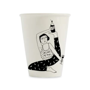 The My vibes cup is a white Helen B ceramic cup with a black line drawing of a relaxed person raising one leg, holding a wine bottle labelled “A proper cup of wine” and a glass. The shirt reads “My vibes, my rules.”. Gate21.ee