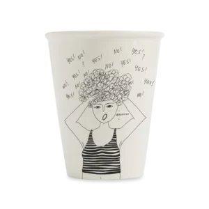 The Overthinking cup is a white Helen B ceramic mug with a black line drawing of a person grabbing their curly hair, wearing a striped vest, surrounded by repeated “YES!” and “NO!” text, and shouting “AAAAAA.”. Gate21.ee