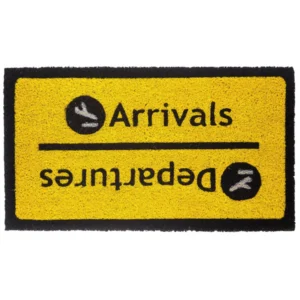 The Doormat - "Arrivals/Departures" is yellow with a black border, featuring the words “Arrivals” (upright) and “Departures” (upside down) separated by a black line, each with an aeroplane icon—ideal for refreshing your entrance. Gate21.ee