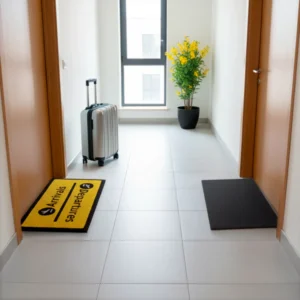 A corridor with two doors, a silver suitcase, a handheld fan, a potted plant with yellow flowers by the window, a black doormat, and the "Arrivals/Departures" doormat featuring yellow colour and arrows. Gate21.ee