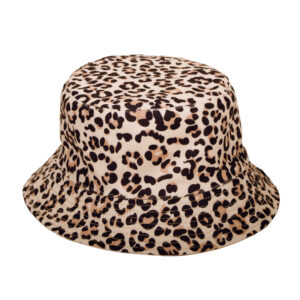 The Reversible Bucket Hat - "Fuck Off" features a beige base with black and brown leopard print, shown on a white surface—perfect for pairing with your handheld fan on hot summer days. Gate21.ee