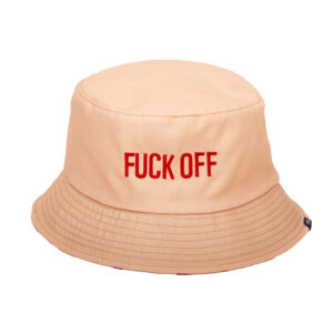The Reversible Bucket Hat - "Fuck Off" features bold red embroidery on light beige—perfect for pairing with your handheld fan on hot summer days. Gate21.ee