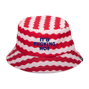 The Reversible Bucket Hat - "It's Fucking Hot" has red and white wavy stripes and blue embroidery of the phrase "ITS FUCKING HOT" on the front, perfect for hot summer days. Gate21.ee