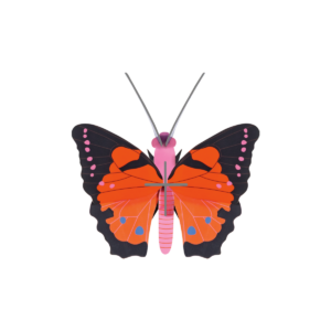 The Rosora Butterfly (Copy) by StudioROOF, with orange, black, and pink wings, is attached to a metallic clip and viewed from above against a transparent background. Gate21.ee