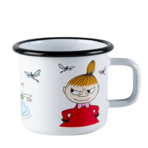The Little MY - Moomin enamel mug 3.7dl is a white mug with a black rim, featuring Little My in a red dress among dragonflies and a pond scene. It has a simple handle and smooth finish. Gate21.ee