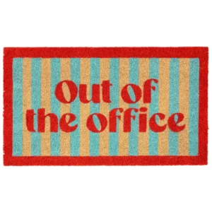 Doormat - "Out Of The Office": This rectangular doormat features alternating blue and tan vertical stripes, a red border, and red text in the centre reading "Out of the office." Pair it with a handheld fan for hot summer days!. Gate21.ee