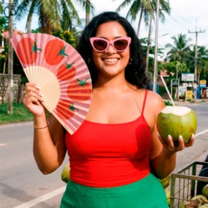 A woman in a red vest and pink sunglasses stands outdoors, smiling, holding a "Tomatoes" handheld fan in one hand and a fresh coconut with a straw in the other. Palm trees and a road can be seen behind her. Gate21.ee