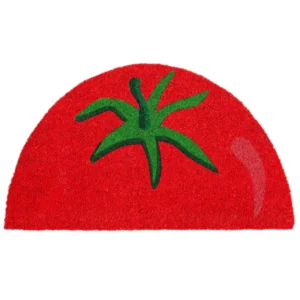 The "Half Moon Tomato" doormat is a semicircular red mat with a green stalk and white highlight details, resembling a tomato—ideal for pairing with a handheld fan to stay cool on hot summer days. Gate21.ee