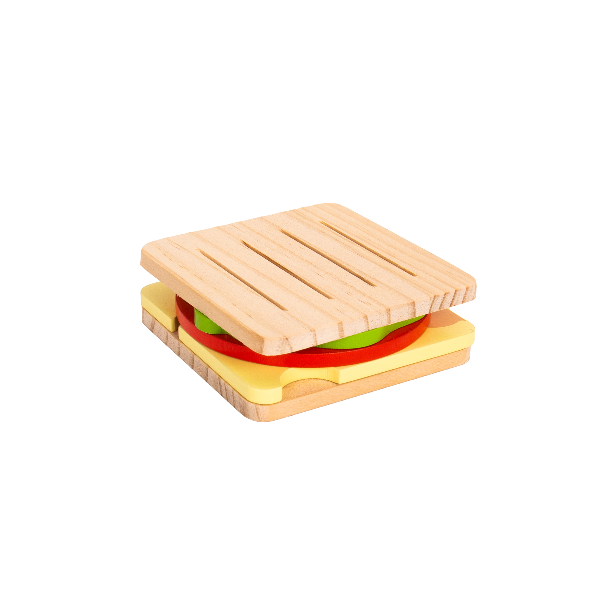 A wooden toy sandwich with bread, cheese, tomato, and lettuce rests on a white background next to the Duck - Jewellery Box (Copy). Gate21.ee