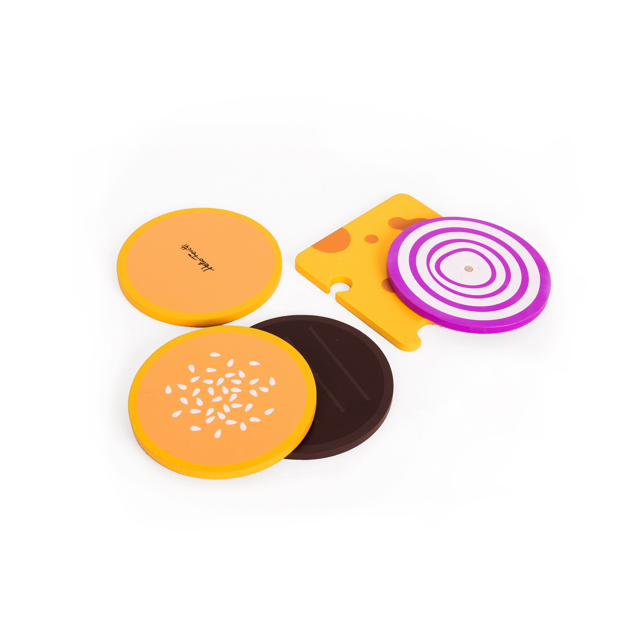 Five vibrant round coasters and one rectangular coaster from the Burger - Coaster Set are arranged on a white surface, featuring playful burger-inspired designs with creative details. Gate21.ee