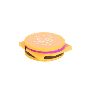 A wooden Burger - Coaster Set featuring layers like a yellow sesame bun, brown patty, and purple and pink pieces stacked together—perfect next to your Dreamy Cat Jewellery Plate by Hello Ferretti. Gate21.ee