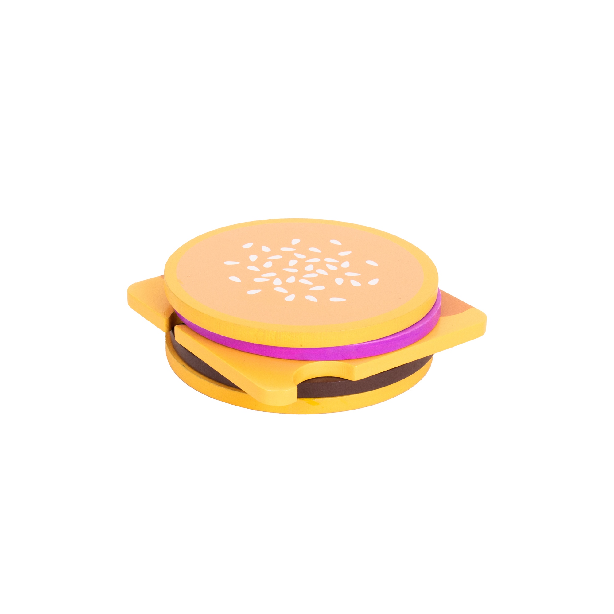 A wooden Burger - Coaster Set featuring layers like a yellow sesame bun, brown patty, and purple and pink pieces stacked together—perfect next to your Dreamy Cat Jewellery Plate by Hello Ferretti. Gate21.ee