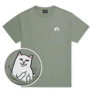 The Lord Nermal Pocket Tee in Brown Vintage Wash features a small cartoon cat peeking from the chest pocket, with a hidden circular inset showing Lord Nermal on the inside raising both middle fingers. Gate21.ee
