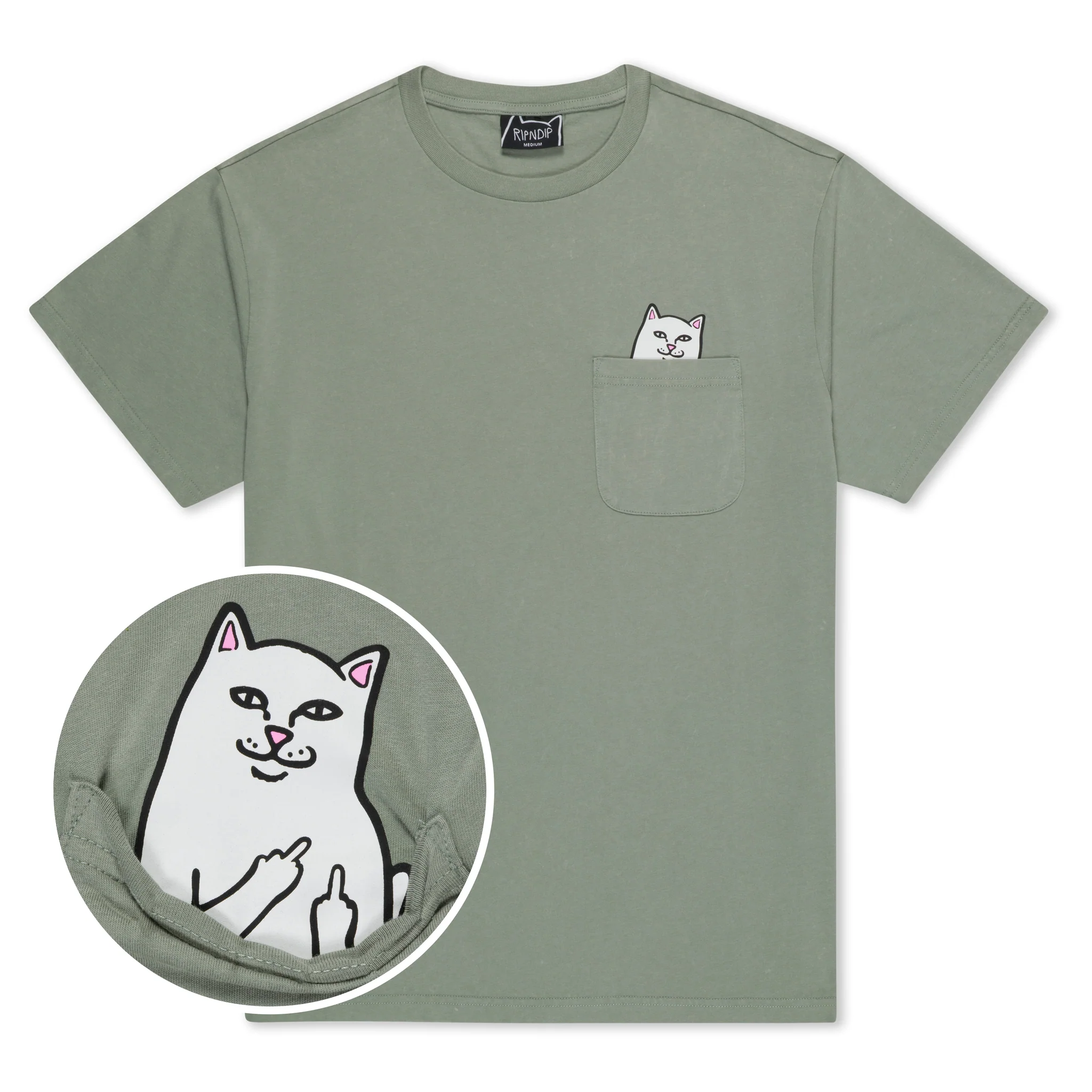 The Lord Nermal Pocket Tee in Brown Vintage Wash features a small cartoon cat peeking from the chest pocket, with a hidden circular inset showing Lord Nermal on the inside raising both middle fingers. Gate21.ee