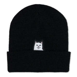 The Lord Nermal beanie - Black is a knitted RIPnDIP beanie with a turned-up brim, featuring a small embroidered white cat face on the front. Gate21.ee
