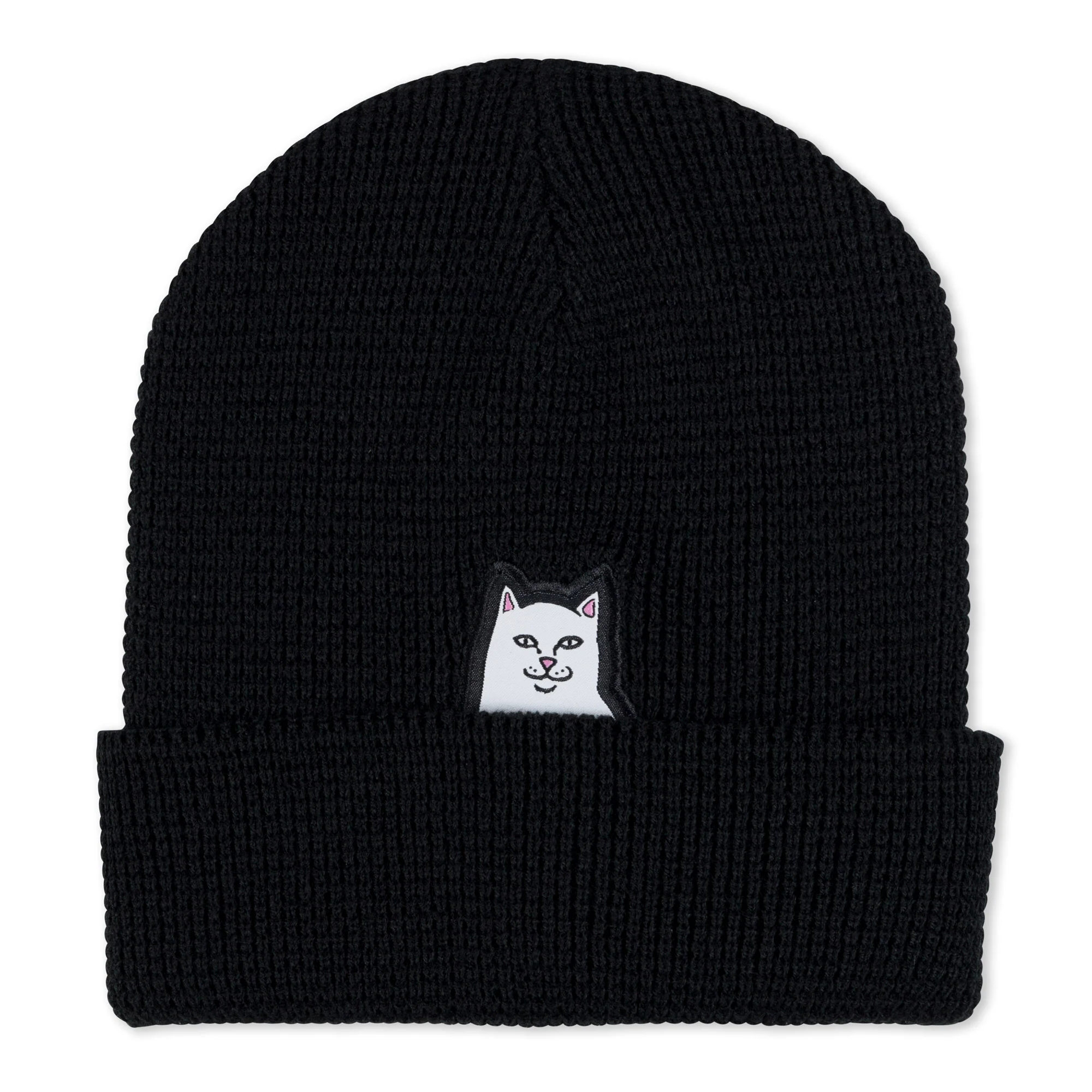 The Lord Nermal beanie - Black is a knitted RIPnDIP beanie with a turned-up brim, featuring a small embroidered white cat face on the front. Gate21.ee