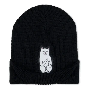 The Lord Nermal beanie - Black is a knitted black RIPnDIP hat featuring a patch with a white cartoon cat sitting upright and giving its middle finger. Gate21.ee