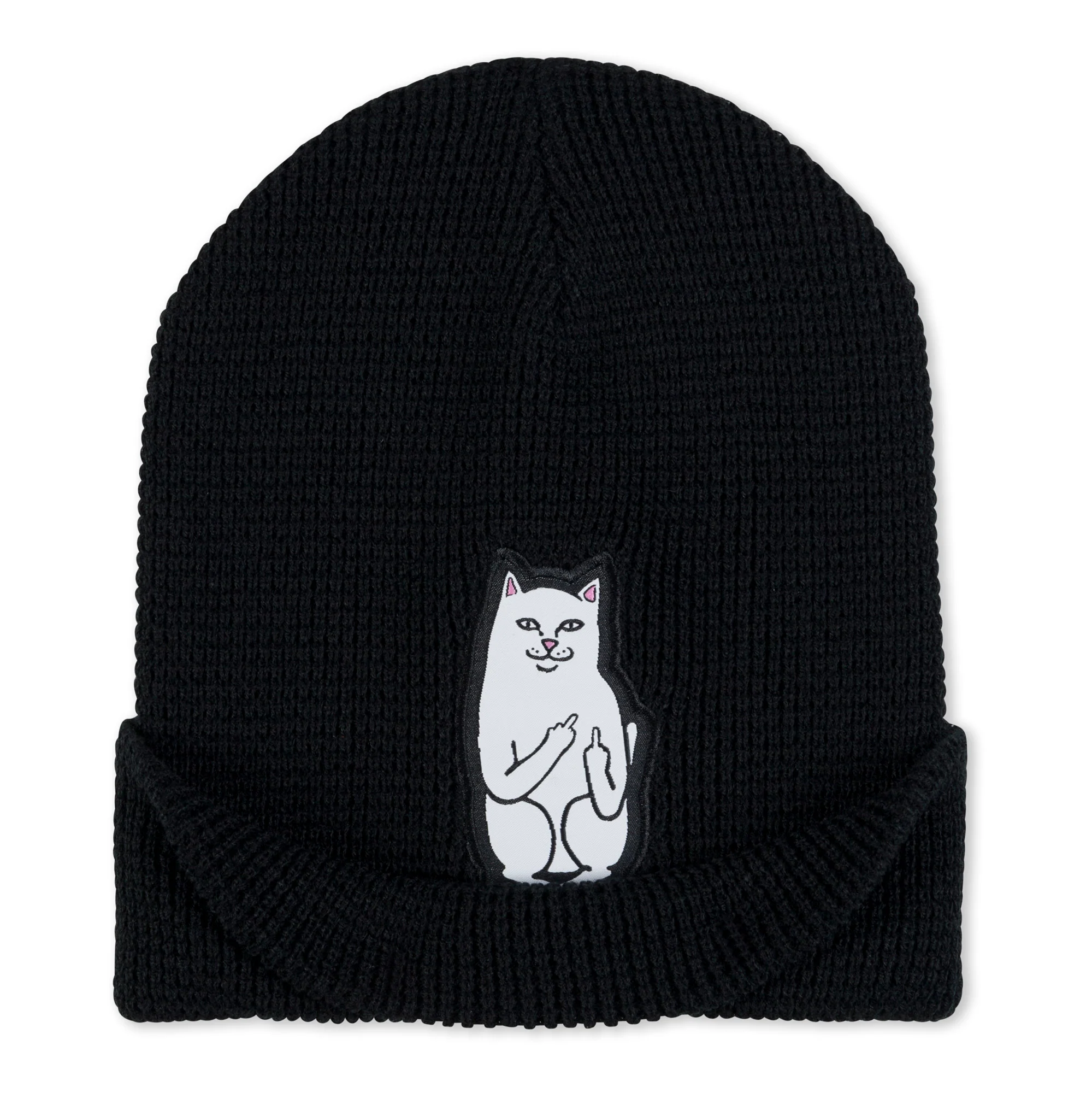 The Lord Nermal beanie - Black is a knitted black RIPnDIP hat featuring a patch with a white cartoon cat sitting upright and giving its middle finger. Gate21.ee