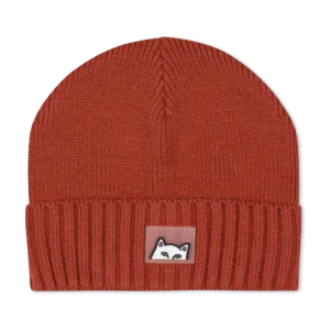 A burnt orange Peeking beanie laid flat against a white background. The knitted beanie features a folded brim with a patch displaying a simple black-and-white illustration of a fox’s face. Gate21.ee