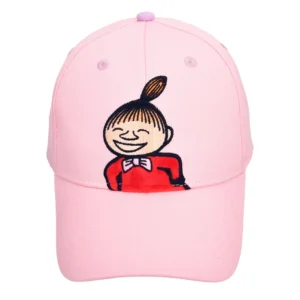 The Snorkmaiden Kids Cap (Copy) is a light pink baseball cap with an embroidered Snorkmaiden in a red outfit and topknot, smiling—ideal for fans of playful Moomin-themed accessories like keyrings. Gate21.ee