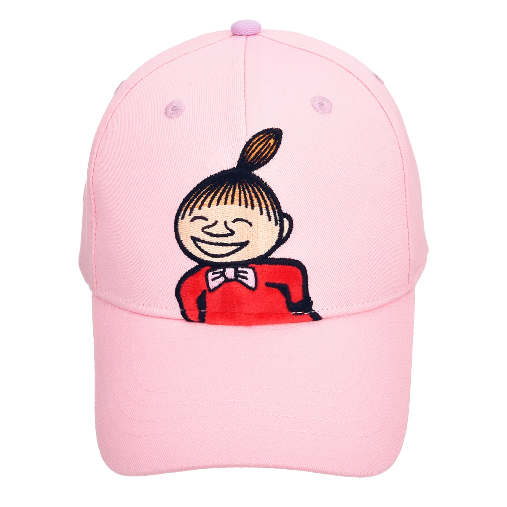 The Snorkmaiden Kids Cap (Copy) is a light pink baseball cap with an embroidered Snorkmaiden in a red outfit and topknot, smiling—ideal for fans of playful Moomin-themed accessories like keyrings. Gate21.ee