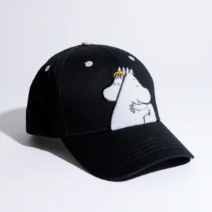 The Moomin Kids Cap is a black baseball hat featuring two white cartoon hippos hugging, pink spots on the crown, and embroidered details—perfect for fans of whimsical accessories and Moomin keyrings. Gate21.ee
