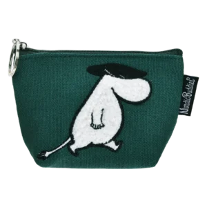 The Moomin Coin Purse - Troll Black features dark green fabric, a metal zip, key ring, and an embroidered white Moomin with a big nose and black hat. A playful addition with a side Black Moomin Characters tag for your collection. Gate21.ee